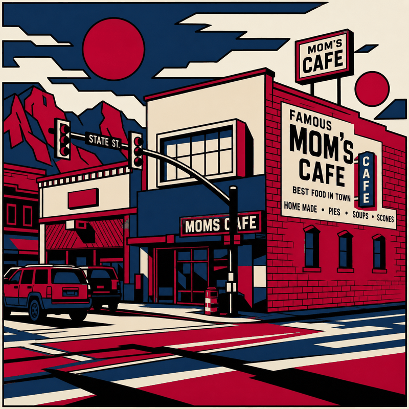 Neo-brutalist Mom's Cafe illustration